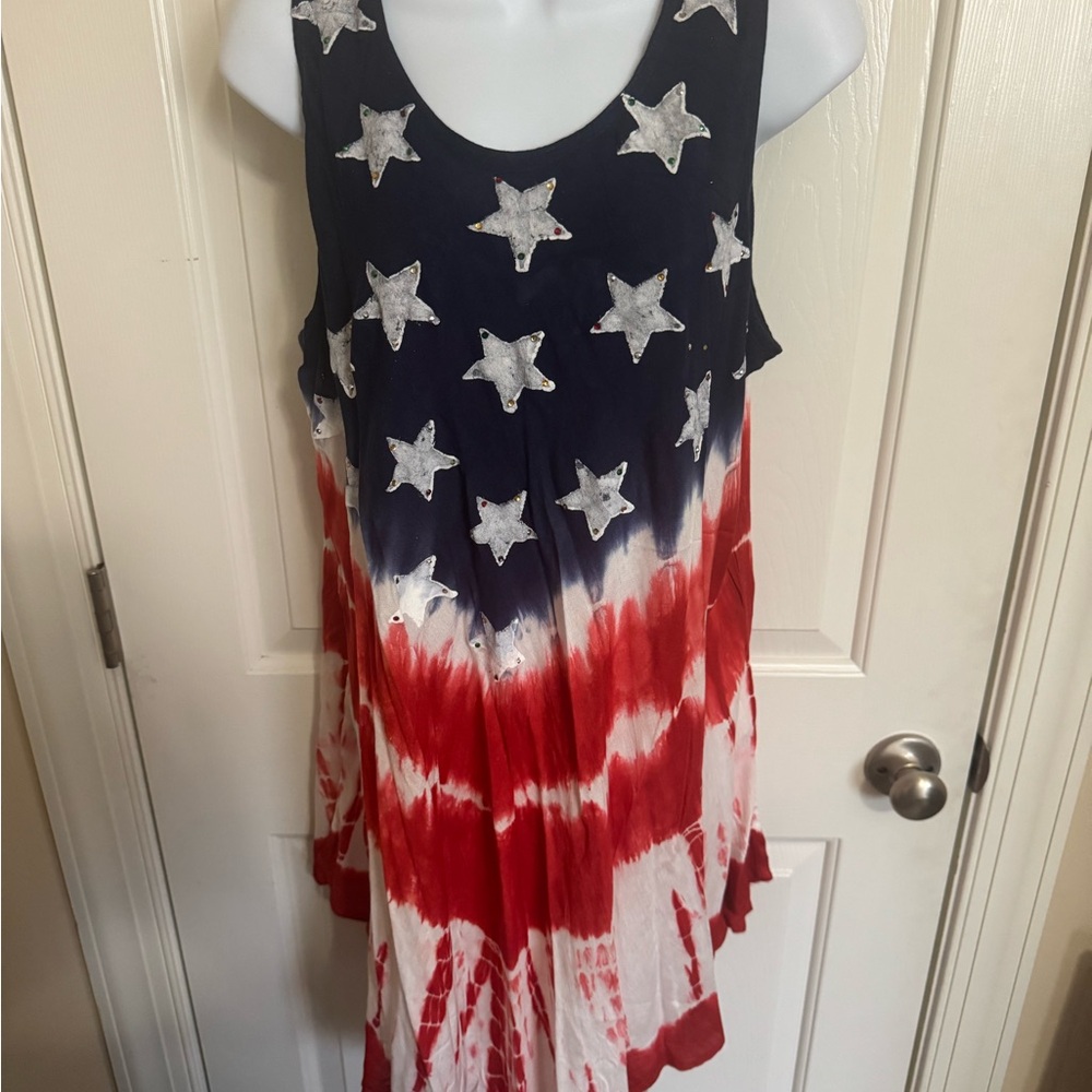 Seven Islands Womens OS Tie Dye Sleeveless Top Red White Blue Flag USA Stars NWT